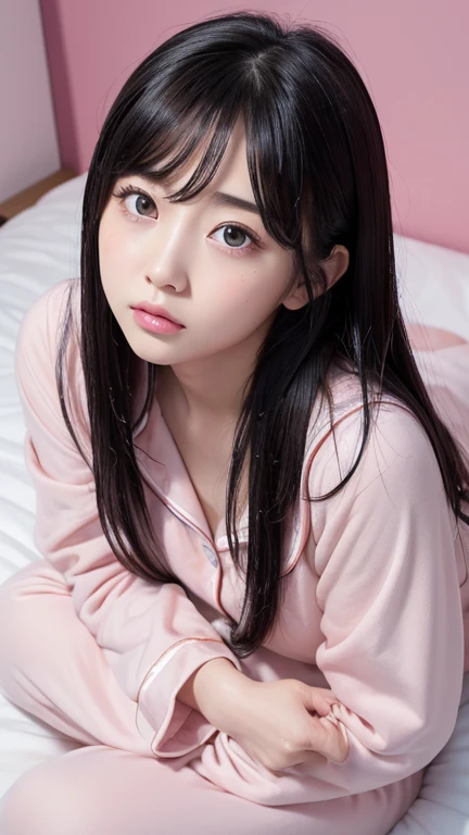((Top view angle)),((High definition)),((detailed)),((high resolution)),((8K)),((Perfect body)),((Perfect Face)),((Realistic)),((Realistic)),((Real)),((high quality)),((Beauty)),((pink sleeping bag pajamas)),((Sitting on the bed and looking up))、((Looking up))、((Wet Hair:1.3))、((Hug a pillow))、((No makeup))、(((pout face)))、((Puff out your cheeks))、16 years old、Double eyelids、Big Eyes、pretty girl、Pastel colored room、Pastel colored walls、Jet Black Hair、Dark brown eyes