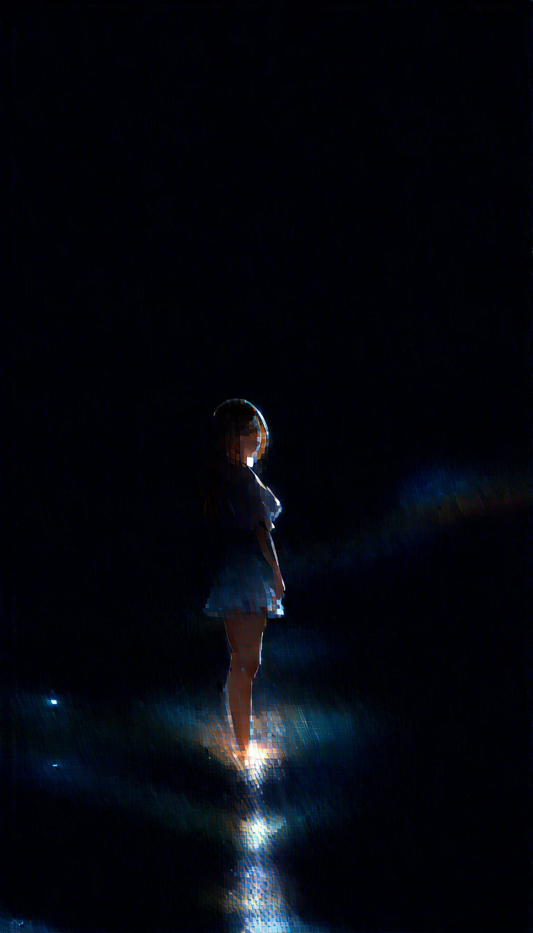 a beautiful young japanese girl standing in the ocean at night, one foot in the water, tiptoeing, side view, with the horizon and sea in the background, about 20 meters away, standing above the water, the entire scene shimmering and illuminated, (best quality,4k,8k,highres,masterpiece:1.2),ultra-detailed,(realistic,photorealistic,photo-realistic:1.37), RAW photo, extremely detailed eyes and face, beautiful detailed eyes, beautiful detailed lips, longeyelashes, beautiful detailed skin, elegant pose, serene expression, delicate features, colorful night scenery, dramatic lighting, glowing water, shimmering waves, vibrant colors, cinematic atmosphere