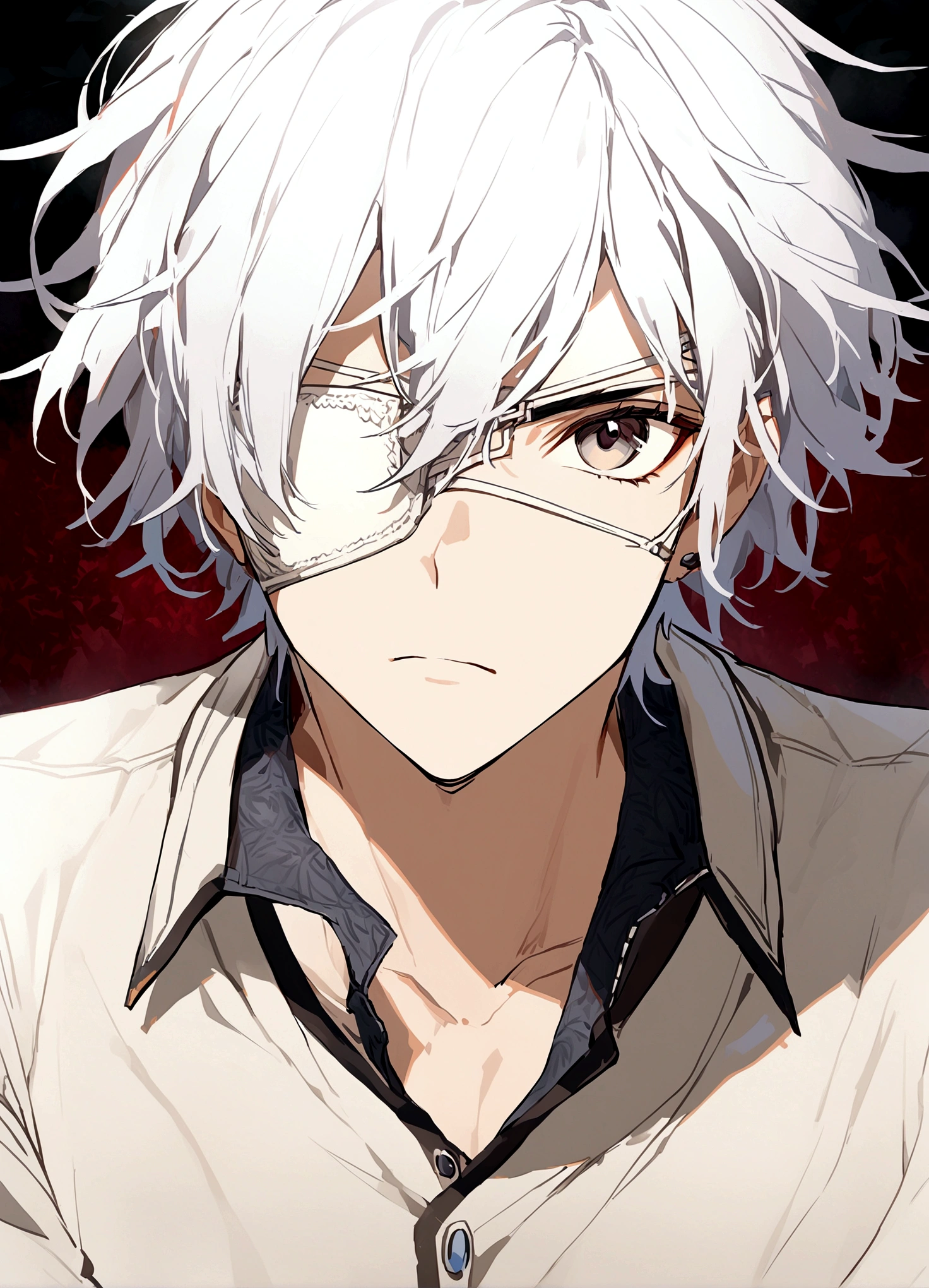 1boy,black eyes,White hair,White eye patch,Collared shirt,shut up,Simple background,solo,