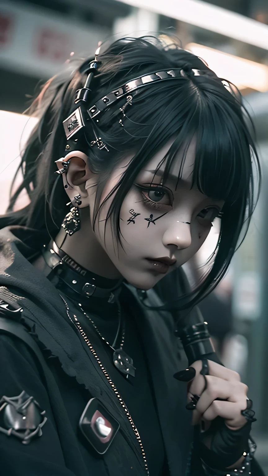 Highest quality、8k、masterpiece:1.3、Gothic Punk、Black-haired、Beautiful girl、creative、Dark Fantasy Style、Neogoth、Goth Fashion:1.2