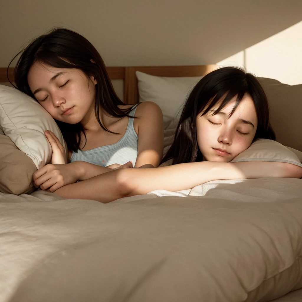 1girl, cute, sleeping, eyes closed, (freckles:0.2), lying on bed, head on pillow, bedroom, detailed background, indoor, hires, (photorealistic:1.4), (in the dark, deep shadow,low key:1.1), diffused natural skin glow, diffused dark light, wide shot