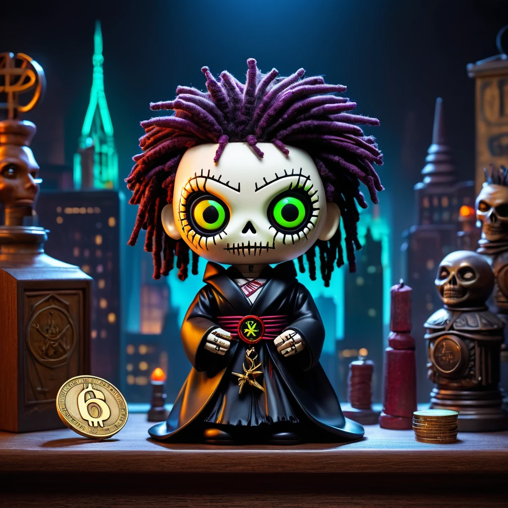 (knitted toy voodoo doll:1.8), (needles are stuck into Voodoo:1.9), (is on the podium with the number 666:1.8), (eyes glow:1.8), (clothes in a black robe with the logo of the TON coin:1.8), (in the background a city in neon color:1.5), gothic horror atmosphere, best quality, masterpiece, detailed soft oil painting, detailed background, dramatic cinematic lighting, soft edge lighting, professional, dramatic lighting, hard edge lighting, ultra quality, 4k, masterpiece, best quality, 8k, ultra high definition, high definition, extremely detailed