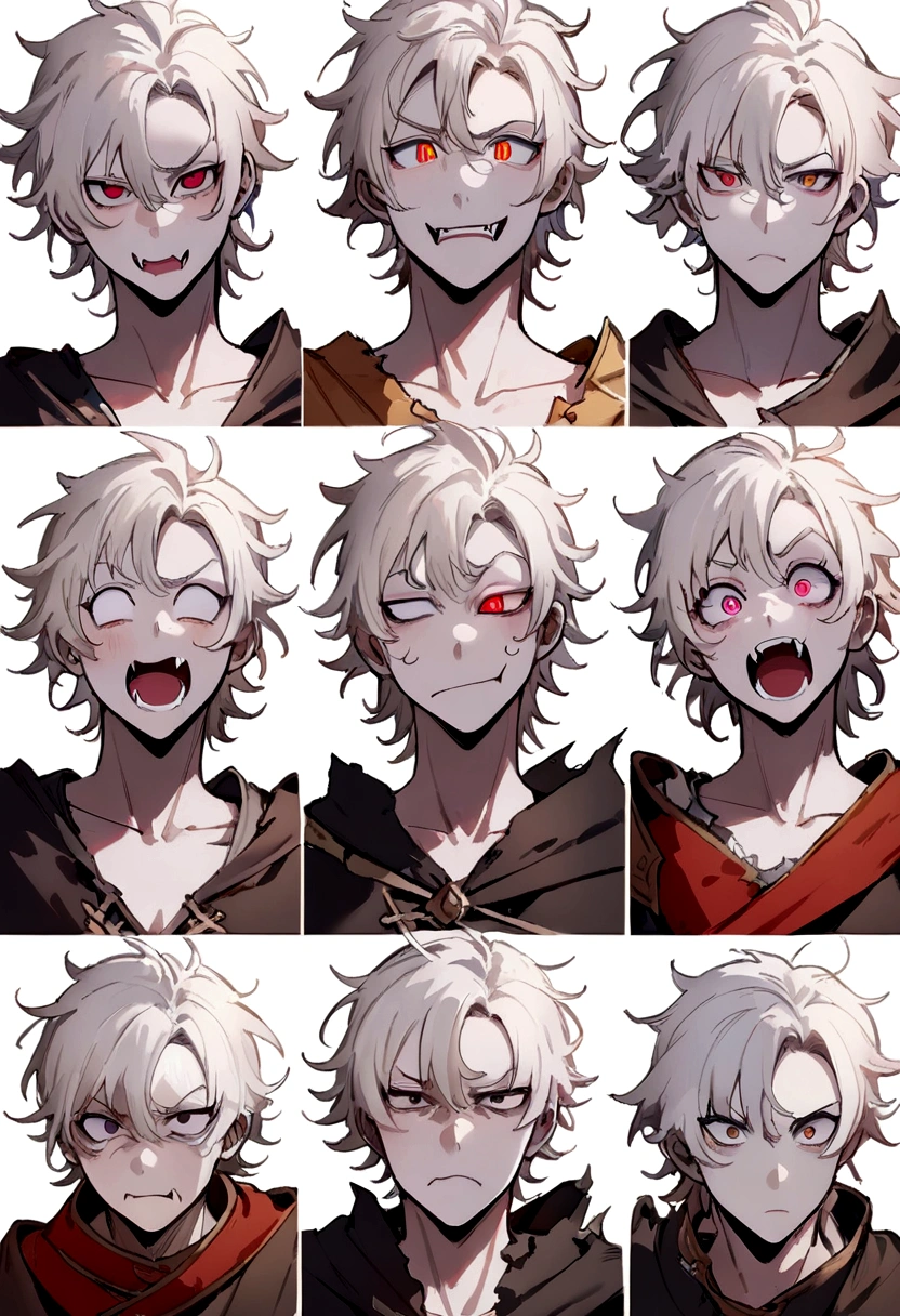 ((expression sheet)), (Simplified face portrait), (face photo) (sketch art), (masterpiece, side lights, Eye with detailed red vertical pupil: 1.2), japanese cartoon movies, alone, 1 man, boy, childish body, dissatisfied expression, boring, pale skin, short white hair, messy hair, (fantasy medieval clothes)), (black cloak), ((torn clothes)), black nails, sharp fangs