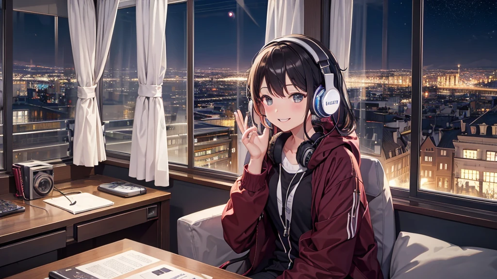 Listening to music through headphones、Smiling woman、Beautiful city from the window、Night view
