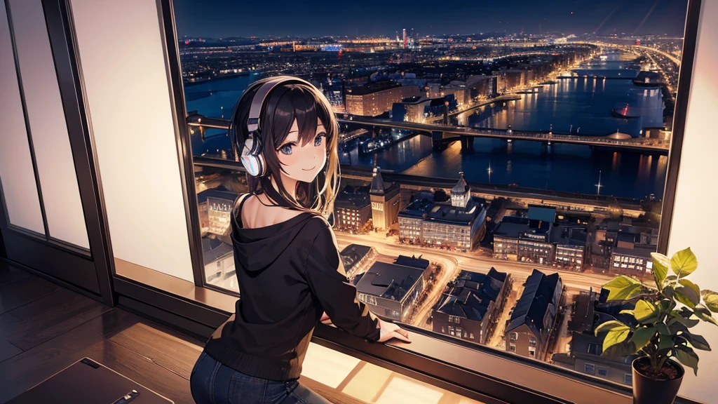 Listening to music through headphones、Smiling woman、Beautiful city from the window、Night view
