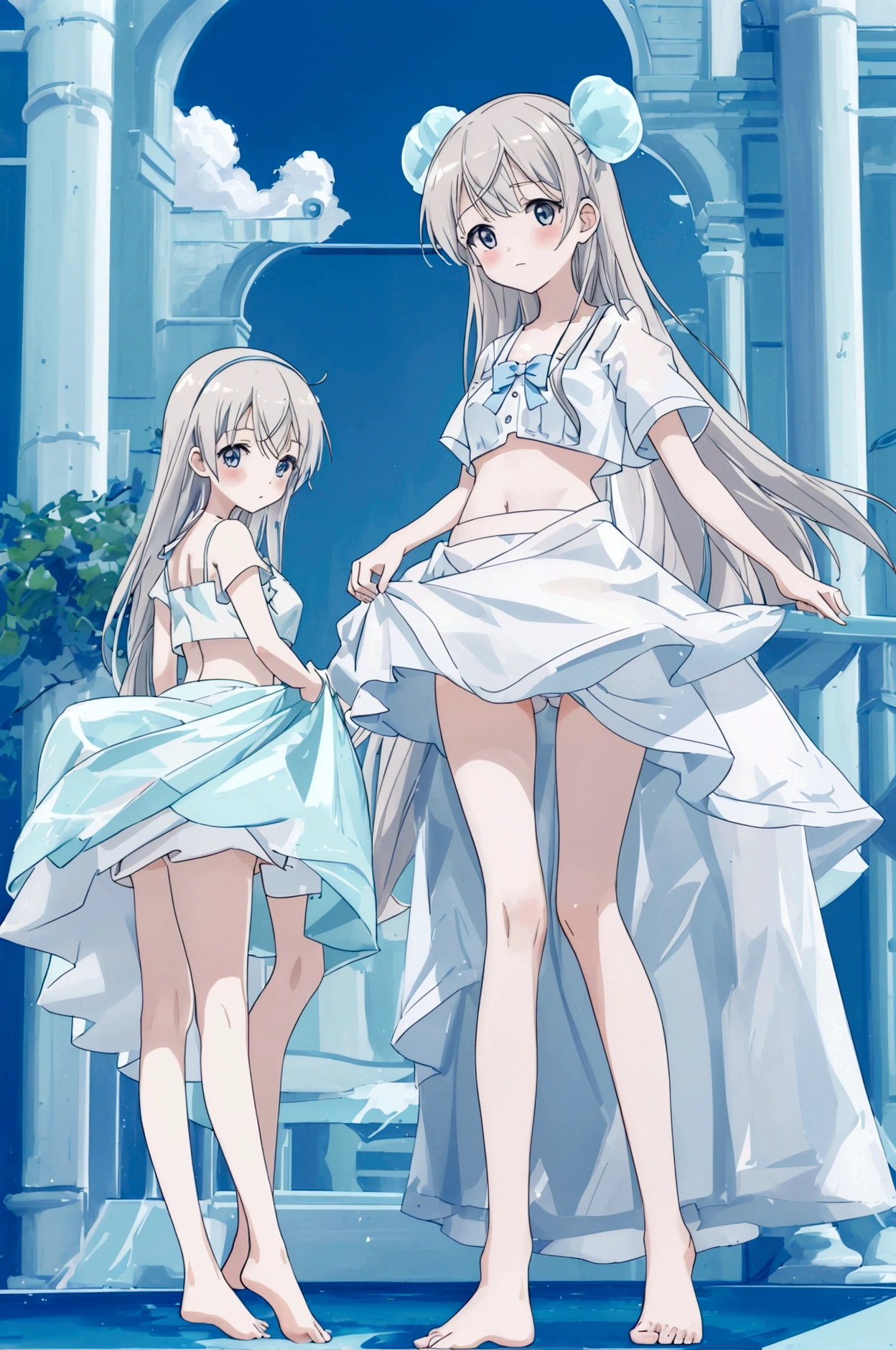 Three sisters of different heights、A cute white blouse with a cute light blue bra showing through it、Cute pink flared mini skirt、A cute pair of light blue striped underwear that can be seen when you lift up your skirt、Sisters show off their cute underwear、barefoot、Poolside