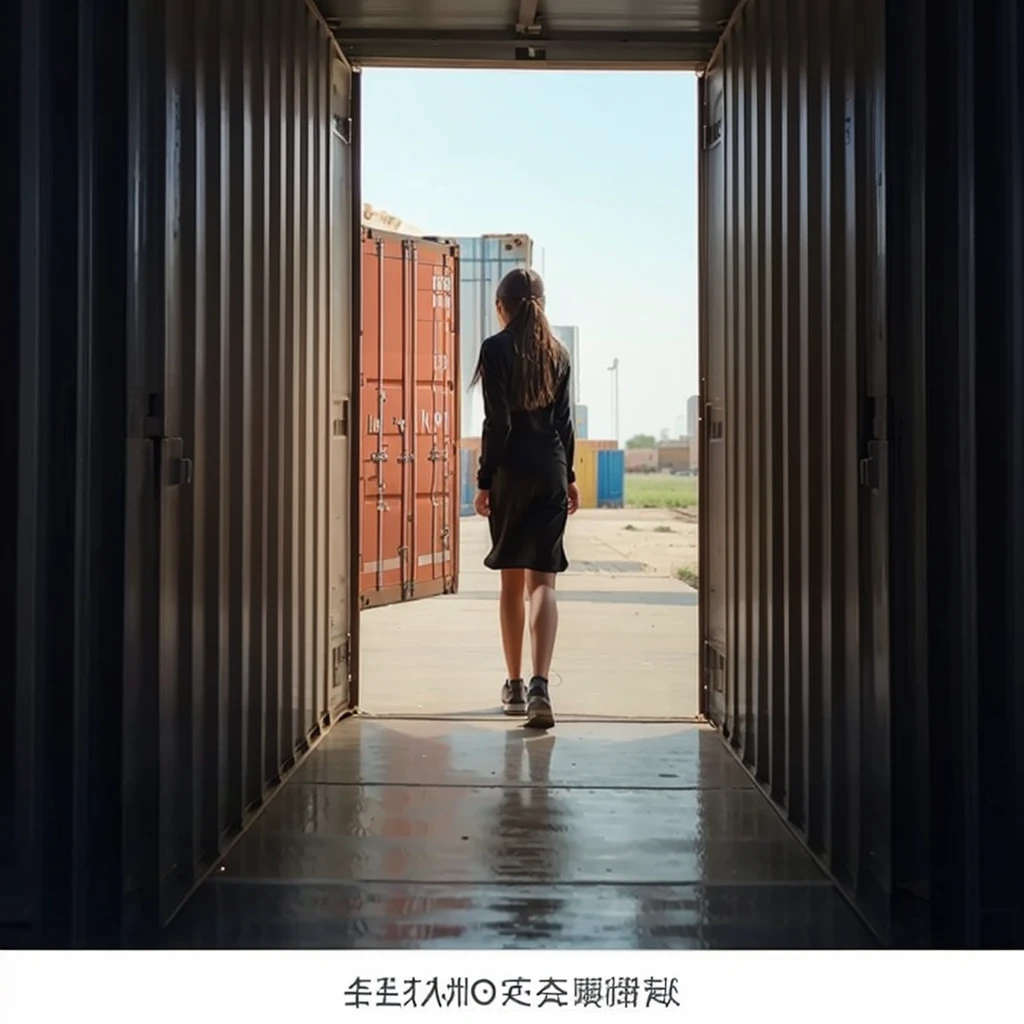 A young girl aged 18 walking out from a big container, view from inside,