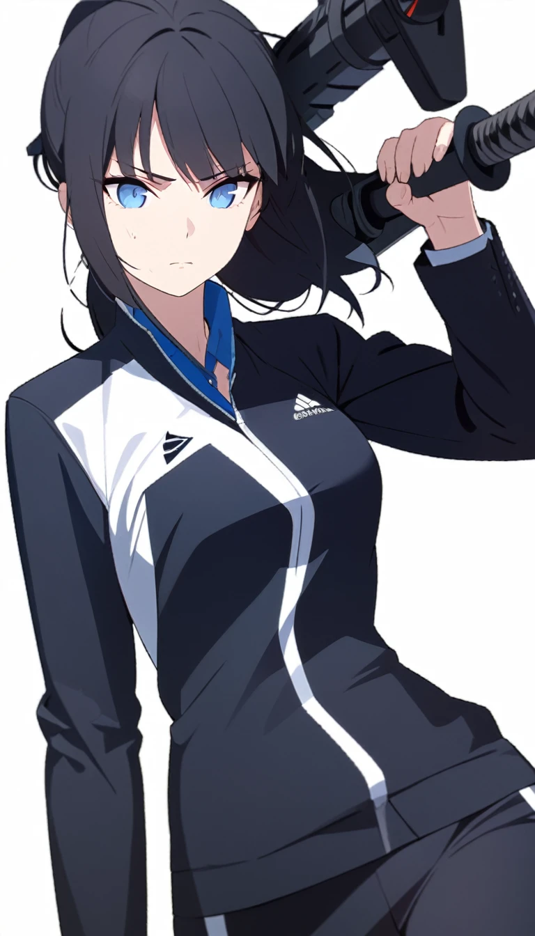 (masterpiece, high quality, best quality, highres,) One Woman, young, black hair, ponytail, Blue Eyes, Athletic build, determined, closed mouth, shirt, Black suit, Simple, white background, Are standing, cowboy shot, (shoot from front),