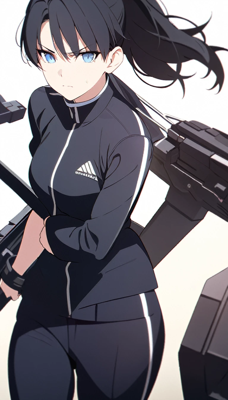 (masterpiece, high quality, best quality, highres,) One Woman, young, black hair, ponytail, Blue Eyes, Athletic build, determined, closed mouth, shirt, Black suit, Simple, white background, Are standing, cowboy shot, (shoot from front),