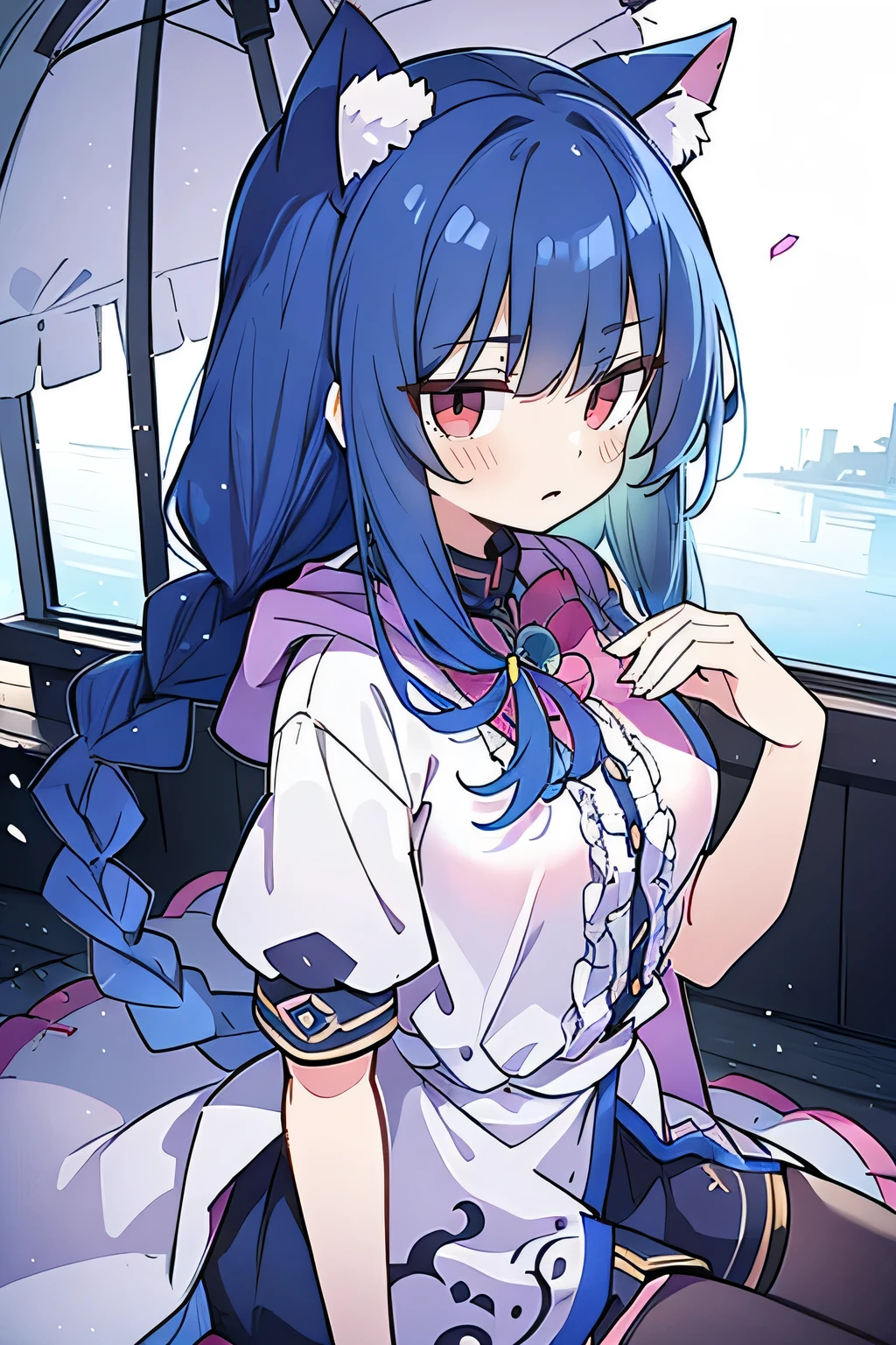 （masterpiece：1.2），Super detailed，lifelike，Expressive eyes，fair skin，perfect face shape，1 girl，
Japanese comics,Gorgeous blue hair,flowing blue hair,flowing clothes,Cat ears,Petals fall,beautiful lola,Baby Angel,
Shaking head with one hand，Cross your legs，Gentle and peaceful background，The pavilion is cool and comfortable,smile, wearing hoodie, background of tokyo,back views,snowing, winter,lie on the water.(Best Quality: 1.3), (Masterpiece: 1.3), (Illustration: 1.3), (Ultra Detailed: 1.3), (Imide Lens: 0.9), 1girl, Medium Breasts, Purple Eyes, ((Dark Blue Hair) ), hair accessories, young, clothing-gladiia, long hair, dark blue hair, indoors, black shorts, high socks, low ponytail, expressionless, upper body, close-up, coat, skirt,fgo style,like \(destiny\), like Adult, hair length, underwear, masterpiece, Top quality, 1 Girl, looking at the audience,(((braid)))、shameful face、Embarrassed face、Long body、huge 、