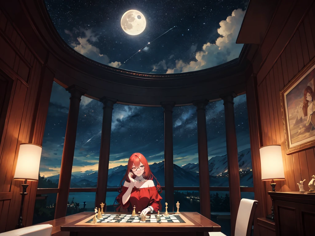 A red-haired woman and a man with glasses are playing chess in a fantastical place under the starry sky The moon is visible, and everyone looks happy, but there is also a slightly sad atmosphere.