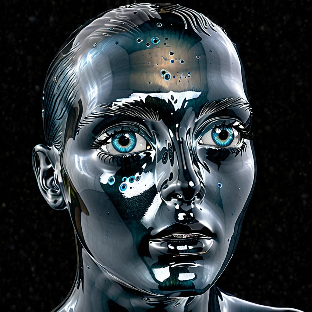 a distorted human head having detailed ((multiple count of eyeballs)) in a , cosmic watery dimension using crystal clear effect , ((wet effect)) , shimmering vibrant , blackpitch background using hd , 32k high resolution, clear grahpic , high quality image in 32k resolution.