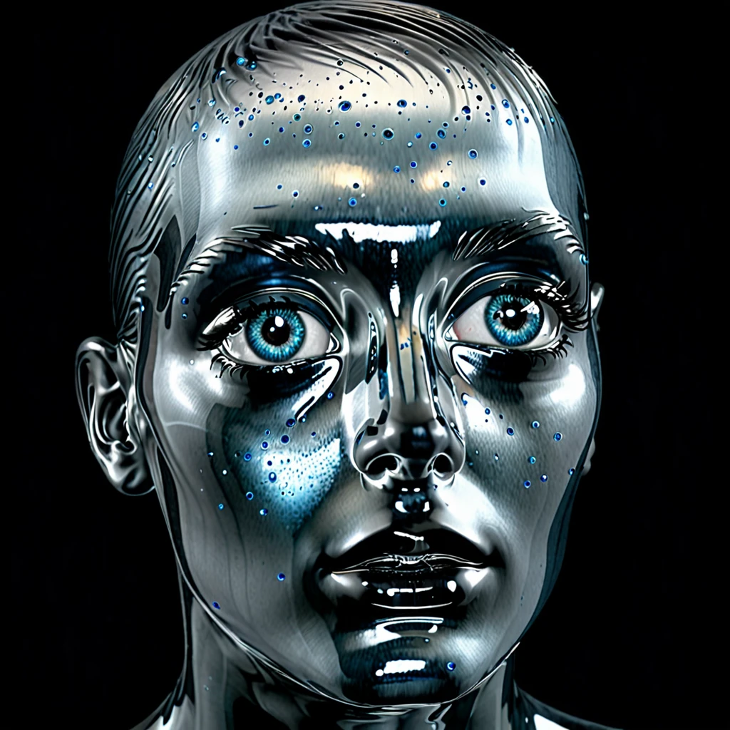 a distorted human head having detailed ((multiple count of eyeballs)) in a , cosmic watery dimension using crystal clear effect , ((wet effect)) , shimmering vibrant , blackpitch background using hd , 32k high resolution, clear grahpic , high quality image in 32k resolution.