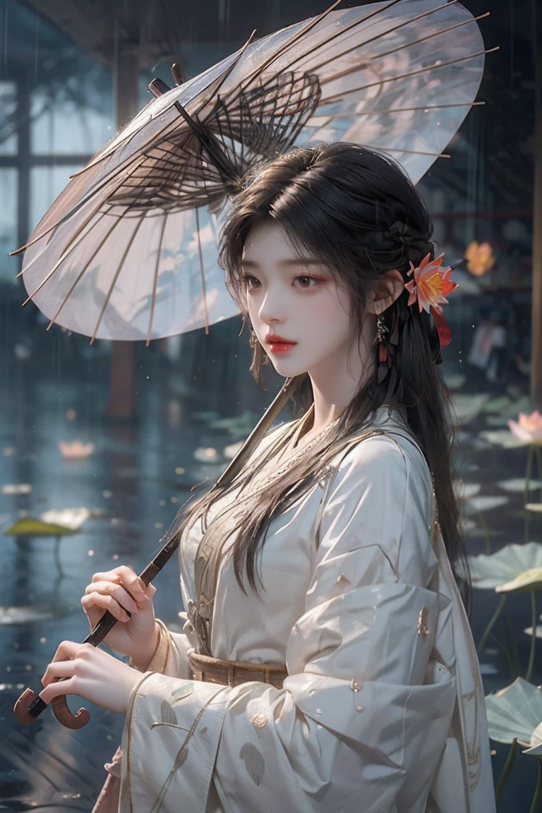 A woman holds a oil-paper umbrella on her shoulder to shelter from the rain as part of a fashion event in the style of Yue Xiaofei,light jade,ethereal dream,Tang Youhong,elegant,detailed design,dansaekhwa Joil-paper umbrellachinese clothesholding umbrellarain (Milky skin, shiny skin:1.3)(lotus leaf:1.2),