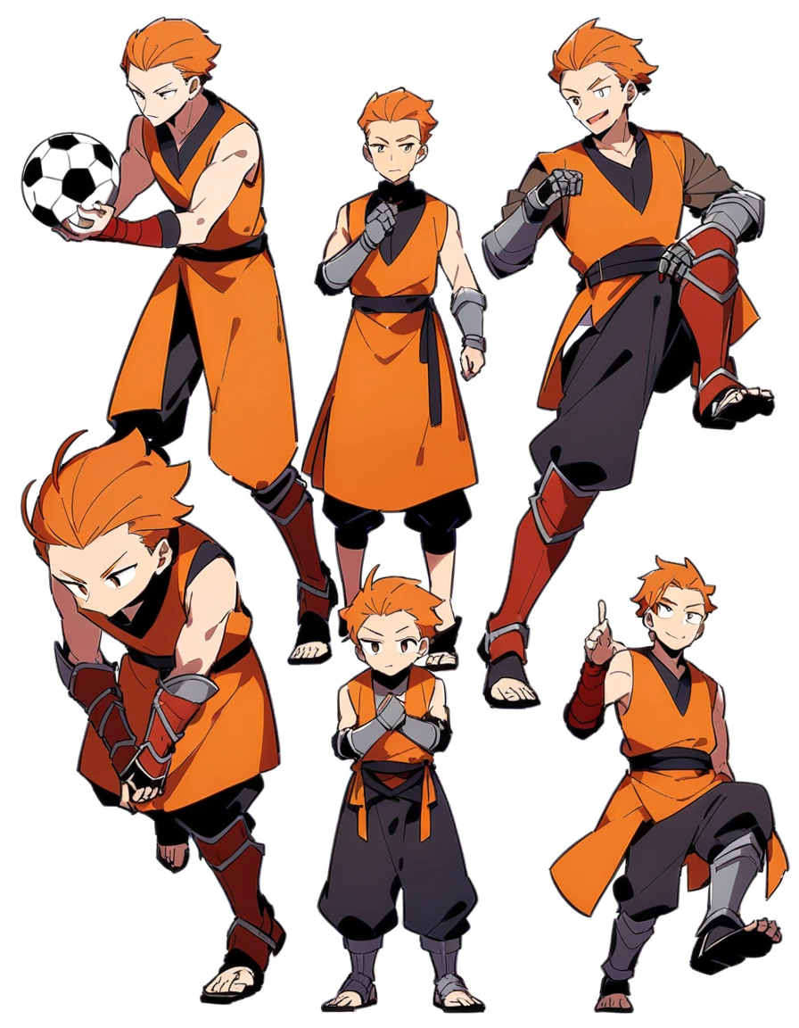 Illustrations with a pure white background。whole body。A man with orange hair slicked back、Medieval-style orange sleeveless vest and、Wearing baggy medieval trousers。He is a fighter、An iron forehead protector、Iron gauntlets on his arms、He has iron leg guards on his feet.。The man has an innocent smile、He has a soccer ball in his left hand。