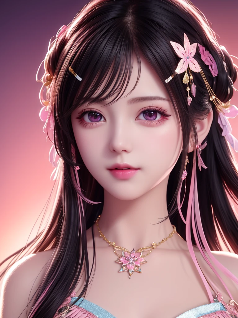 best quality, masterpiece, High target, 1 Girl, Beautiful and fashionable clothes, Hair Decorationss, necklace, Decorations, Pretty Face, When the body, Tyndall effect, Realistic Portraits, Dark Studio, Edge lighting, Two-color light, (Very delicate skin:1.2), 8K uhd, Digital SLR Camera, Soft Light, high quality, Volumetric Lighting, Honest, photo, high resolution, 4k, 8K, Bokeh, black hair，pink hair tips, Pink Eyes.