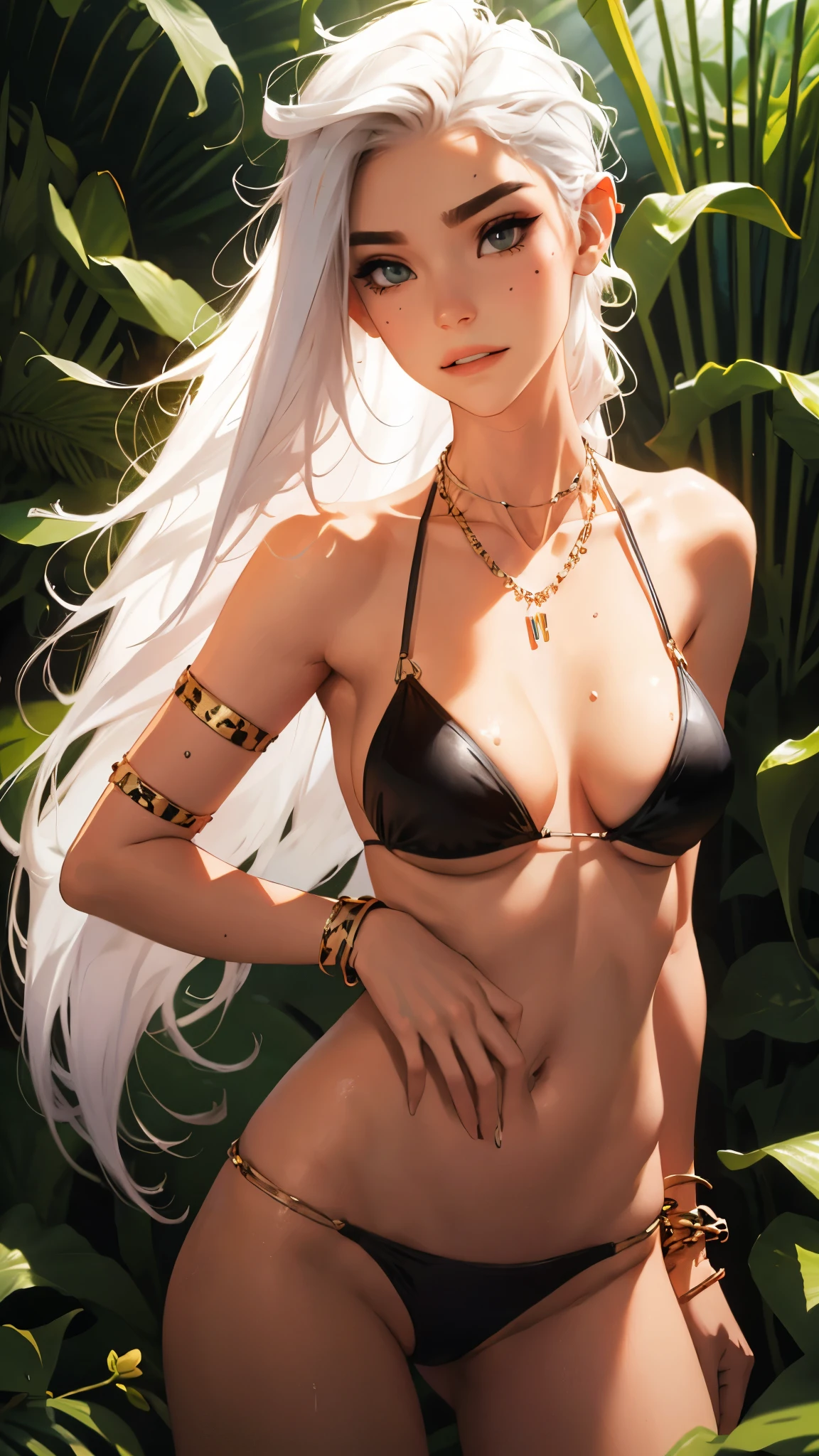 （lifelike， high - resolution：1.3）， 1 girl with a perfect body，slender body, Super fine face and eyes，assasin, dark makeup, shiny skin，white hair, (jungle bikini, cheetah print micro bikini)，Expose cleavage, (bracelets, tooth jewelry, a lot of necklaces, very long necklaces, necklaces down to stomach, body chains, waist chains)