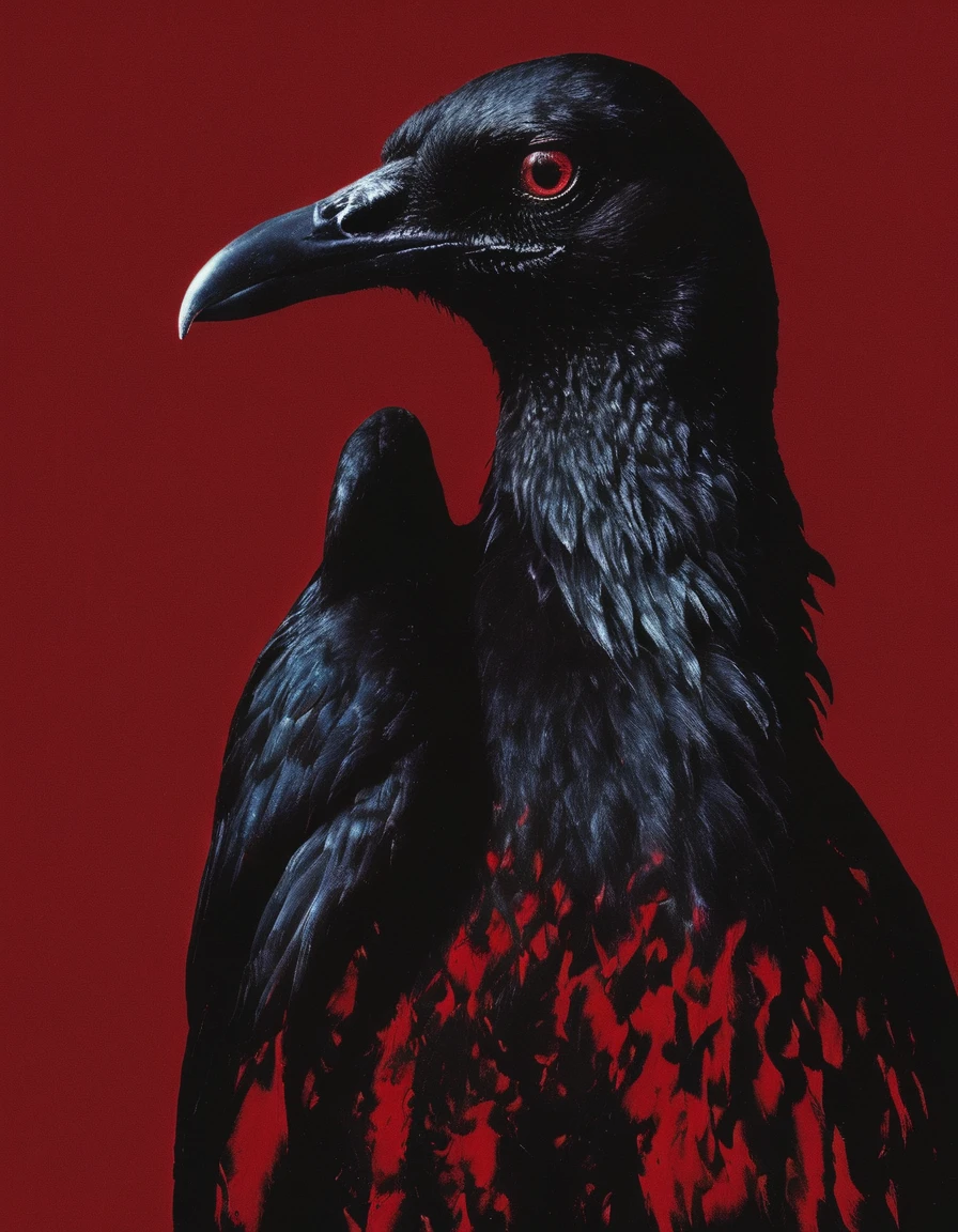 fashion shoot of giant black bird in darkness at night, red background