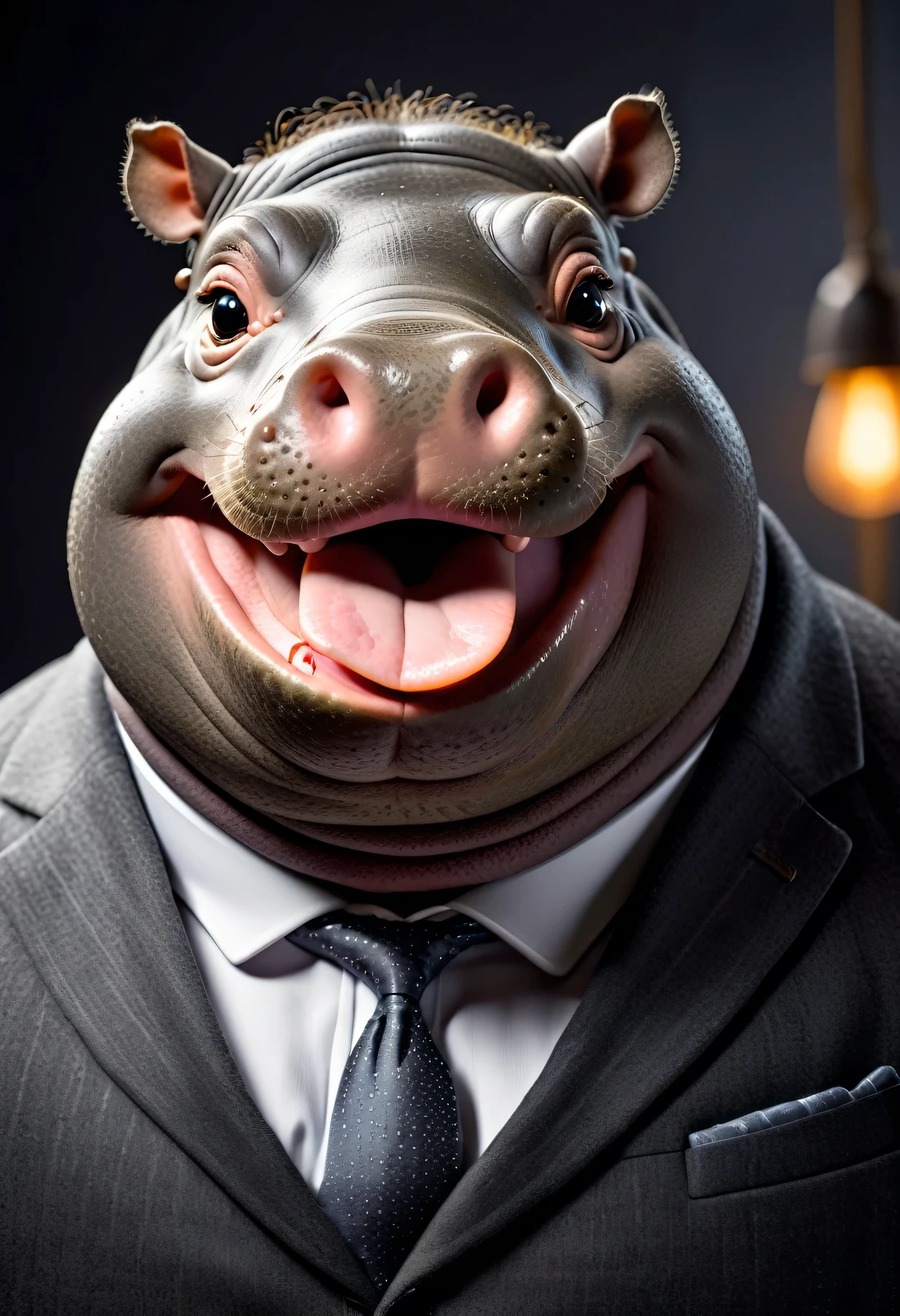 face close up photo of anthropomorphic fat hippo,(furry), dressed in a dark gray suit, (sticking out tongue:1.5),(happy smile:1.5),(playful:1.2), soft lighting, Cinematic, hdr, primitive, Intricate, High quality, smoothing tones, Intricate details, Low contrast,(viewed from side:2.0), (lookingto the side:1.5), simple background