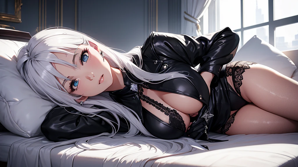 CG, unity, 8k, wallpaper, highest quality, masterpiece, Beautiful woman, long silver hair, white skin, BREAK, black leather coat, black leather skirt, black with transparent chest collar-shirt best lighting, complex pupils, complex textile, realistic skin texture, A clean room based on white, lie down on the sofa, There's a window behind her and it's open, blue sky beyond the window, refreshing morning, focus on face, red light eyes, peach colored eyes, diamond lace, jewerly with black violet and white diamonds, very stylish cool designed outfir, high fashion journal photo session, girl is top model, photo session of famous top model