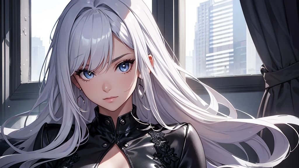CG, unity, 8k, wallpaper, highest quality, masterpiece, Beautiful woman, long silver hair, white skin, BREAK, black leather coat, black leather skirt, black with transparent chest collar-shirt best lighting, complex pupils, complex textile, realistic skin texture, A clean room based on white, lie down on the sofa, There's a window behind her and it's open, blue sky beyond the window, refreshing morning, focus on face, red light eyes, peach colored eyes, diamond lace, jewerly with black violet and white diamonds, very stylish cool designed outfir, high fashion journal photo session, girl is top model, photo session of famous top model