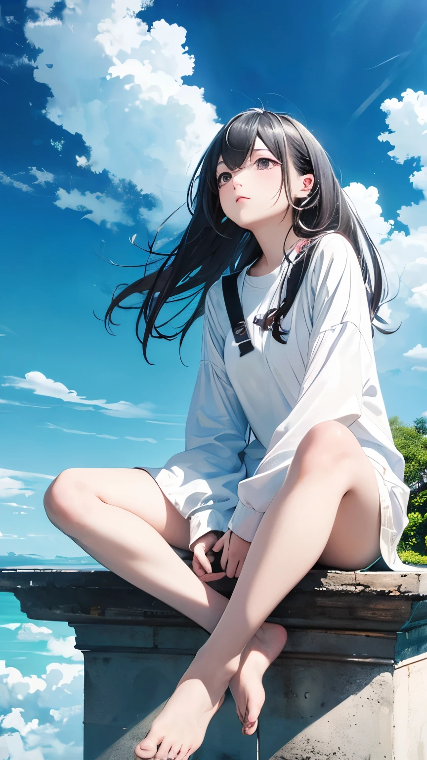 One Girl、Highest quality、masterpiece、A thin tower stretching high into the sky、Cylindrical tower、sea of clouds、blue sky、Sitting cross-legged、Hair blowing in the wind、Gray Hair、Girl staring into the distance、White clothes、barefoot、Full body angle、sea of clouds