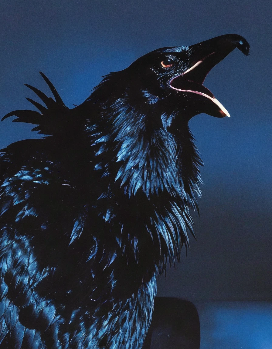 rapper cover album with giant monster black bird in darkness at night, blue background