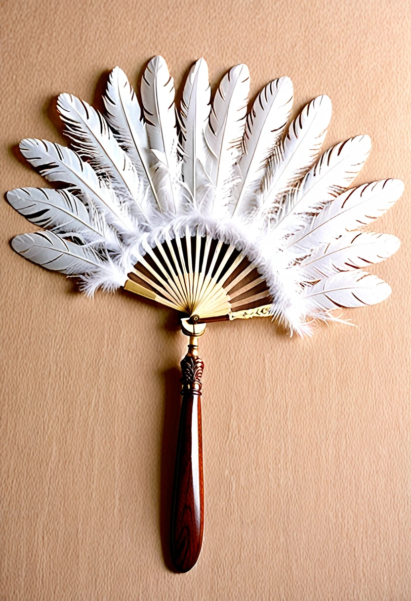 （Handle Feather Fan)、（Wooden handle）、（It is made of many feathers）、（（（The handle hides the metal fittings）））