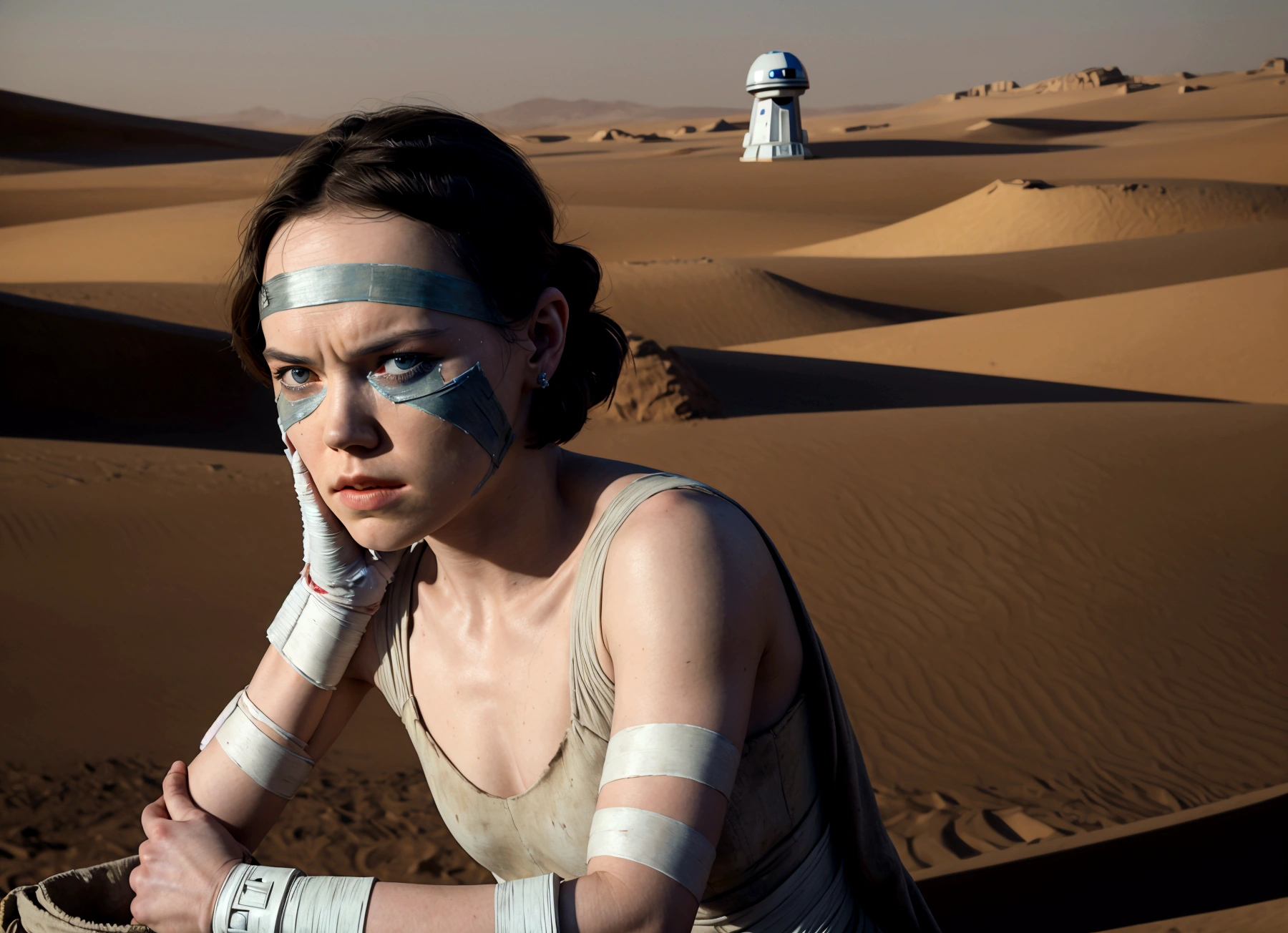 (Daisy Ridley as Star Wars Ray, patch over one eye, bloody beaten and battered, bandaging her wounds and crying, patch over one eye), desert world
