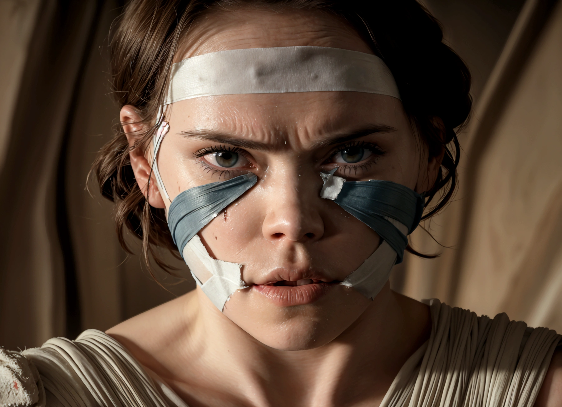 (Daisy Ridley as Star Wars Ray, patch over one eye, bloody beaten and battered, bandaging her wounds and crying, patch over one eye), desert world