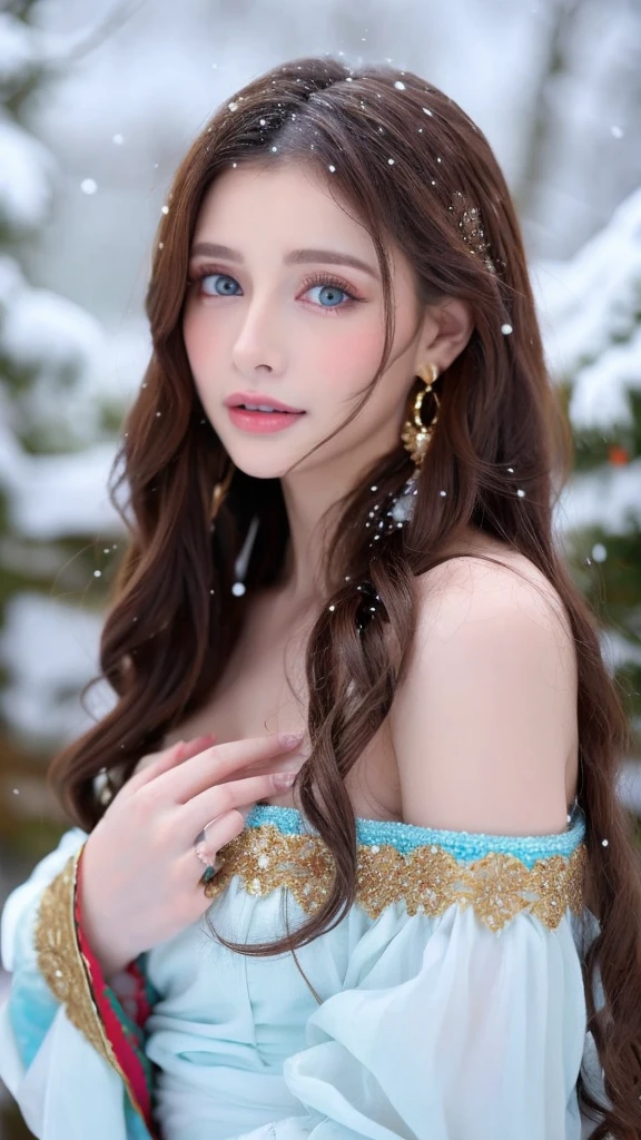 Beautiful girl, blue eyes, long curly white hair witg, detailed facial traits, beautiful earrings, national turkic female dress, naked breasts, yurta behind, it's snowing, sexy pose