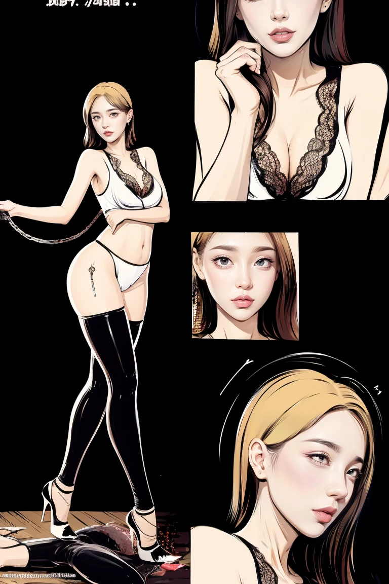 The beautiful girl in lace top and leggings is sitting astride a pile of skeletons in the center of the picture. She is holding a trembling sausage with juice squeezed out in her hand and smiling. There are multiple comic storyboards in the background,cbt, sausage bondage,sausage insertion,Sexy, trampling sausage with high heels heel,(masterpiece, best quality:1.2),1 beautiful girl,sexy,comic storyboard:2, leggings, sit astride, axially symmetrical:2, ,femdom,sounding,cbt,hold,smile,colorful,leggings,thin gap,cameltoe,insertion,trembling,juice,spray, Long hair,Lace top,Sexy, Shiny leggings, High heel,cleveage, trampling, in forest, saliva , Mucus,