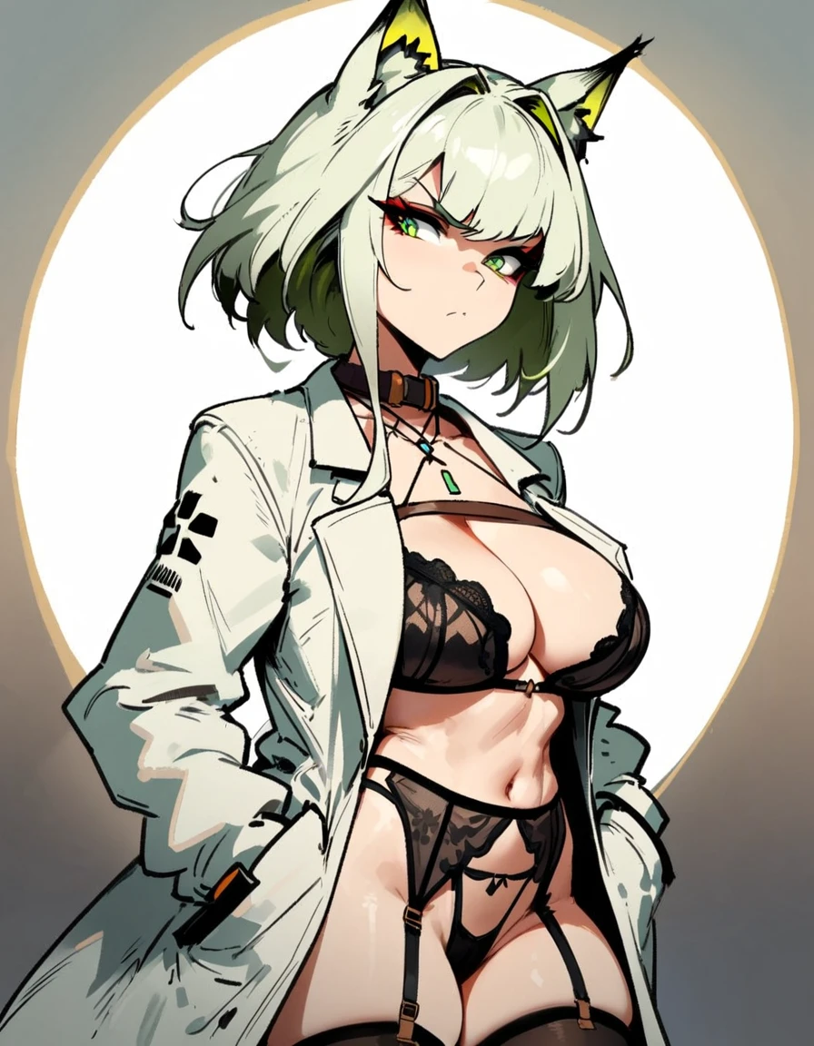 1girl, kal'tsit \(arknights\), arknights \\\\\ masterpiece, best quality, very aesthetic, absurdres, newest \\\\\\ slim body,///// ,by nyantcha,cutesexyrobutts , by khyle,,////// ,,solo,, , ,,detailed face, , ,, , , , , beautiful face, (white background:1.2), , sexy, , serious.angry, green eyes, animal ears, , , rating:nsfw,,big tits,), in the center of the frame,,short hair, ,lingerie garter belt,, black openwork bra, wears a lab coat, hands in pockets stockings,