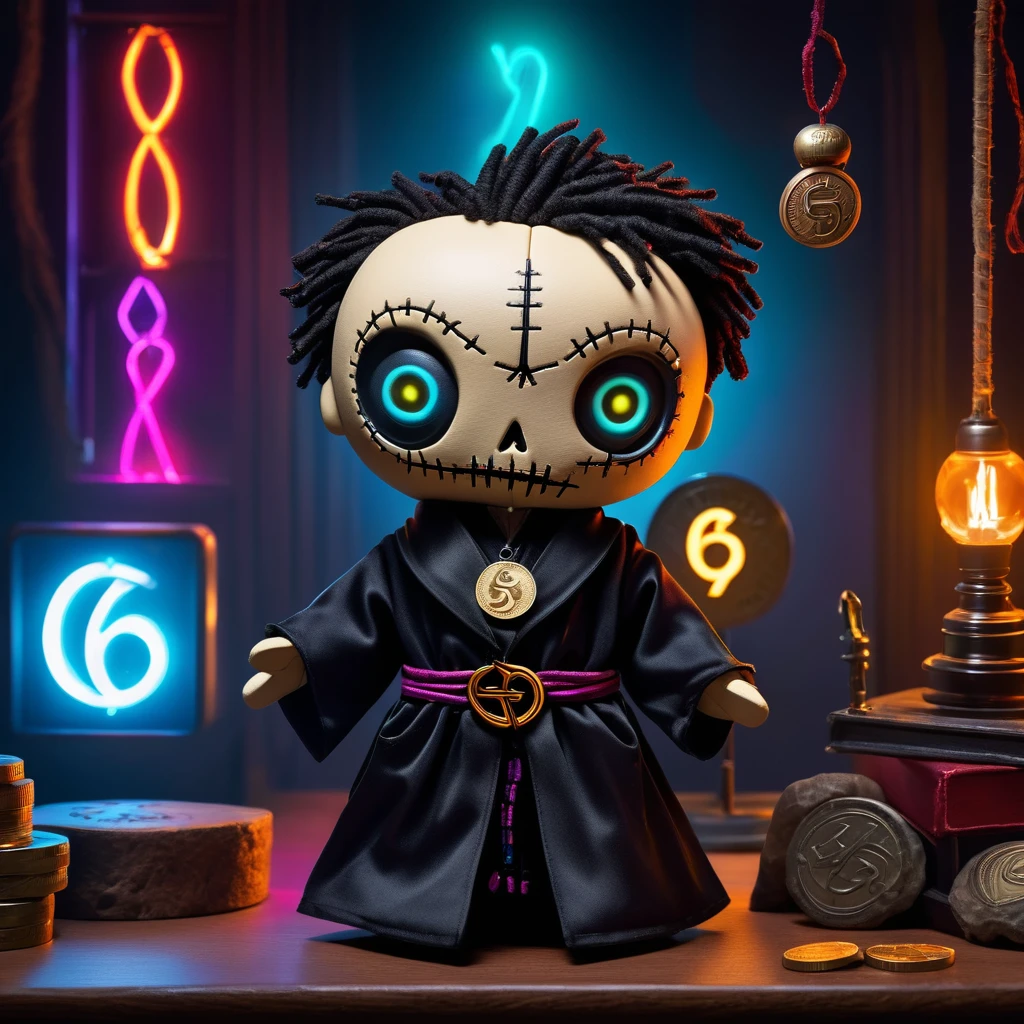 (knitted toy voodoo doll:1.8), (needles are stuck into Voodoo:1.9), (is on the podium with the number 666:1.8), (eyes glow:1.8), (clothes in a black robe with the logo of the TON coin:1.8), (in the background a city in neon color:1.5), gothic horror atmosphere, best quality, masterpiece, detailed soft oil painting, detailed background, dramatic cinematic lighting, soft edge lighting, professional, dramatic lighting, hard edge lighting, ultra quality, 4k, masterpiece, best quality, 8k, ultra high definition, high definition, extremely detailed