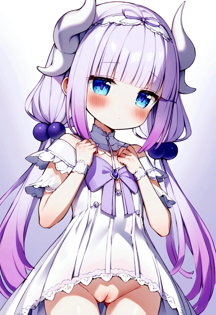 {kanna_kamui_kobayashisanchinomaidragon:1.15}, long_hair, light_purple_hair, blue_eyes, hair_ornament, bangs, blush, multicolored_hair, twintails, blunt_bangs, hair_beads, beads, hairband, gradient_hair, low_twintails, horns, dragon_horns, purple_hair,Pussy