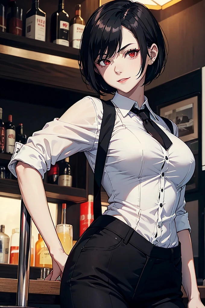 Female bartender, short black hair, pale skin, light red eyes. A sinister smile Wear a white shirt over a black vest. Black pants, small bust