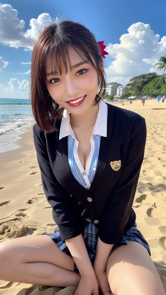 score_9, score_8_superior, score_7_superior, highest quality, Realistic, masterpiece, Beautiful details, hyperRealistic, woman,14, 13yo, 12 years old, Round and small face, Baby Face,One girl, masterpiece, high quality, High resolution, (Open naked blazer:1.25),(schooluniform,bow,black panty:1.35),  Outdoor, (medium Breasts, Cleavage, slender waist,abs:1.25),whole body,  null, cloud, Complex background, Warm Light, (Top crop:1.2), Covered nipples,  (short hair,no part hair:1.35) (beach,Sea:1.3),(sitting with spreading legs,lotus position,Indian style:1.55)、(big Droopy eyes, Natural Makeup、Ultra-high definition beauty face,perfect face:1.35)、(Ultra high resolution perfect beautiful teeth, Mid-chest, Tight waist,toothy smile:1.15)、Use natural light and color,lity glossy red lips