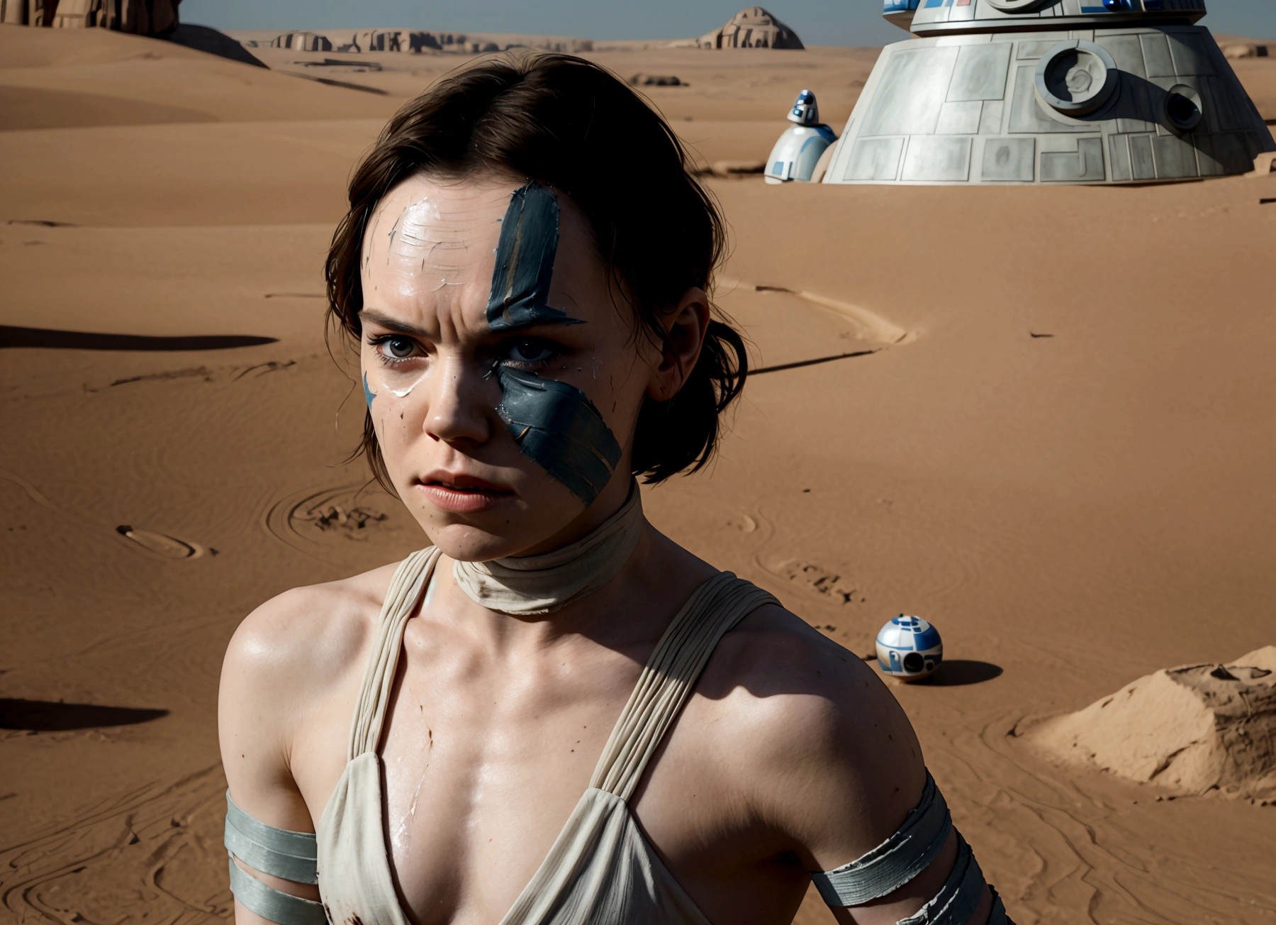 (Daisy Ridley as Star Wars Ray, patch over one eye, bloody beaten and battered, bandaging her wounds and crying, patch over one eye), desert world
