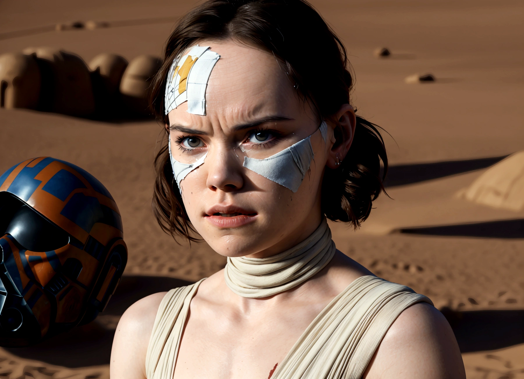 (Daisy Ridley as Star Wars Ray, patch over one eye, bloody beaten and battered, bandaging her wounds and crying, patch over one eye), desert world
