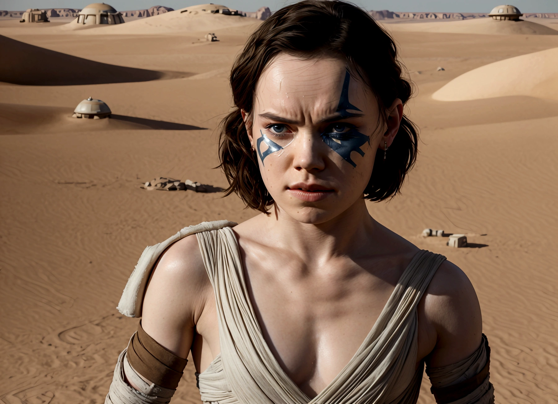 (Daisy Ridley as Star Wars Ray, patch over one eye, bloody beaten and battered, bandaging her wounds and crying, patch over one eye), desert world
