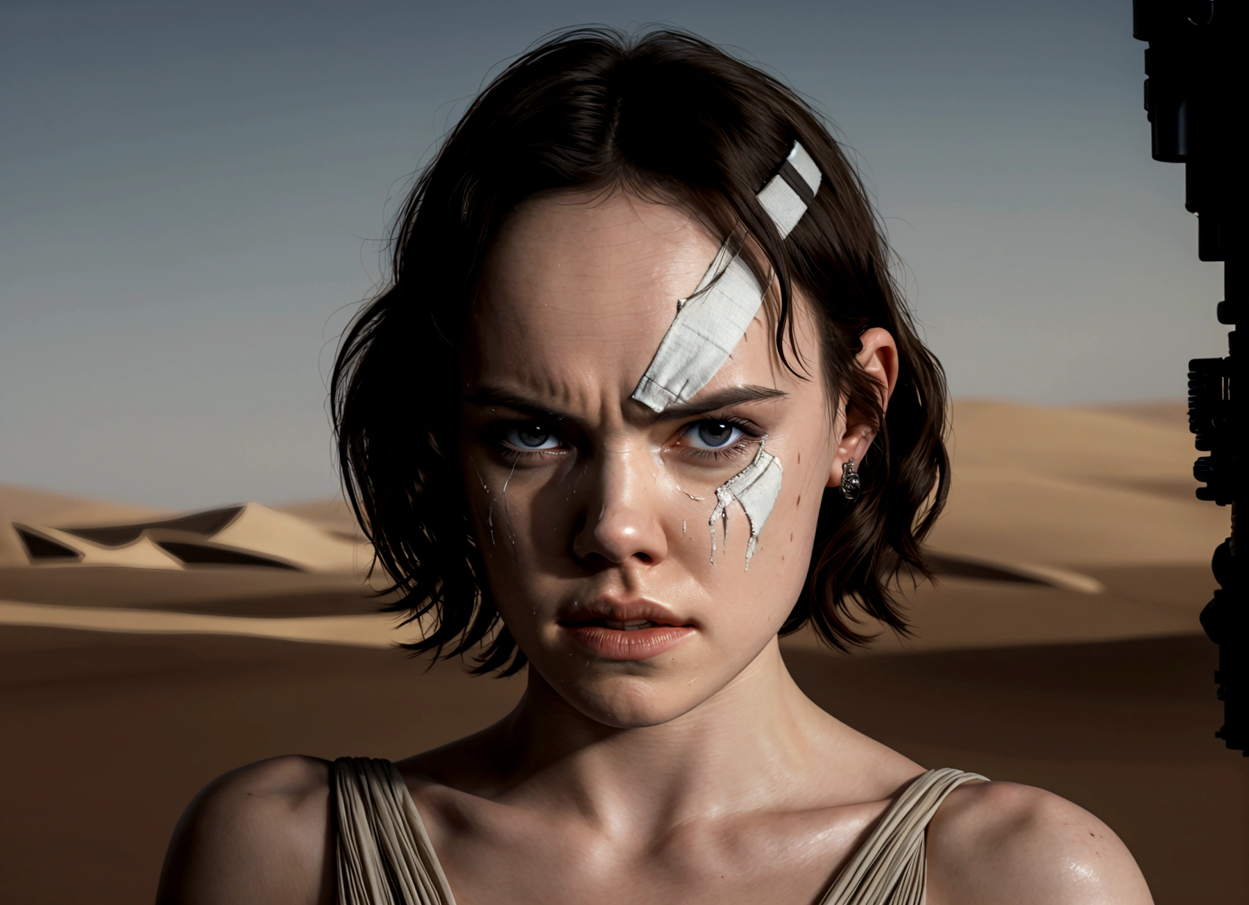 (Daisy Ridley as Star Wars Ray, patch over one eye, bloody beaten and battered, bandaging her wounds and crying, patch over one eye), desert world
