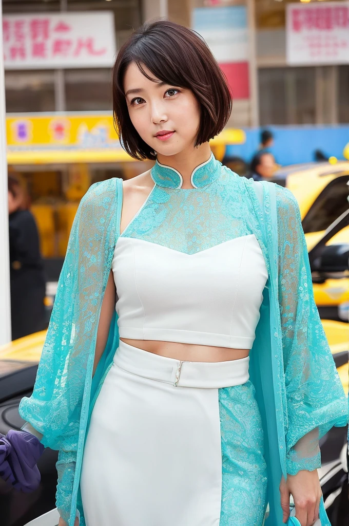 future、 ((Highest quality)), Idol Sculpture, Clear contours, Beautiful woman, alone, ((Beautiful Eyes)), Detailed explanation,Focus on the eyes、Depth of written border:f1.8,Curvaceous、colorful、Very short hair、Determined Pose、stand