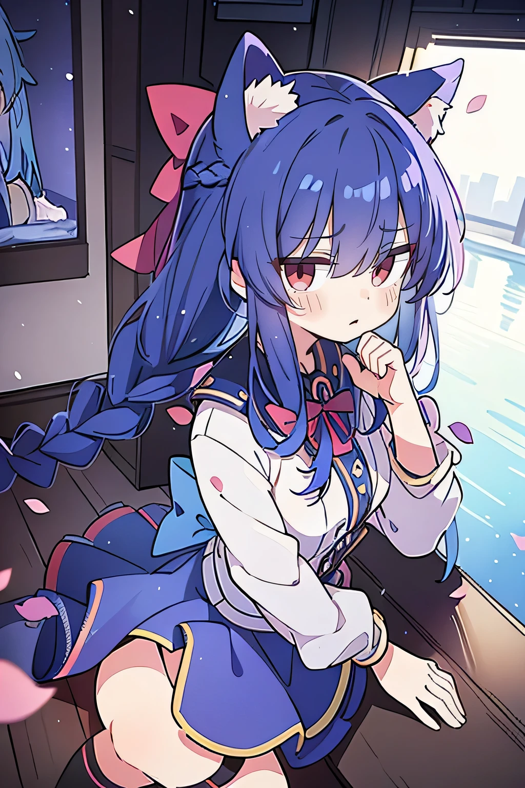(masterpiece:1.2),Super detailed,lifelike,Expressive eyes,fair skin,perfect face shape,1 girl,
Japanese comics,Gorgeous blue hair,flowing blue hair,flowing clothes,Cat ears,Petals fall,beautiful lola,Baby Angel,
Shaking head with one hand,Cross your legs,Gentle and peaceful background,The pavilion is cool and comfortable,smile, wearing hoodie, background of tokyo,back views,snowing, winter,lie on the water.(Best Quality: 1.3), (Masterpiece: 1.3), (Illustration: 1.3), (Ultra Detailed: 1.3), (Imide Lens: 0.9), 1girl, Medium Breasts, Purple Eyes, ((Dark Blue Hair) ), hair accessories, young, clothing-gladiia, long hair, dark blue hair, indoors, black shorts, high socks, low ponytail, expressionless, upper body, close-up, coat, skirt,fgo style,like \(destiny\), like Adult, hair length, underwear, masterpiece, Top quality, 1 Girl, looking at the audience,(((braid)))、shameful face、Embarrassed face、Long body、huge 、