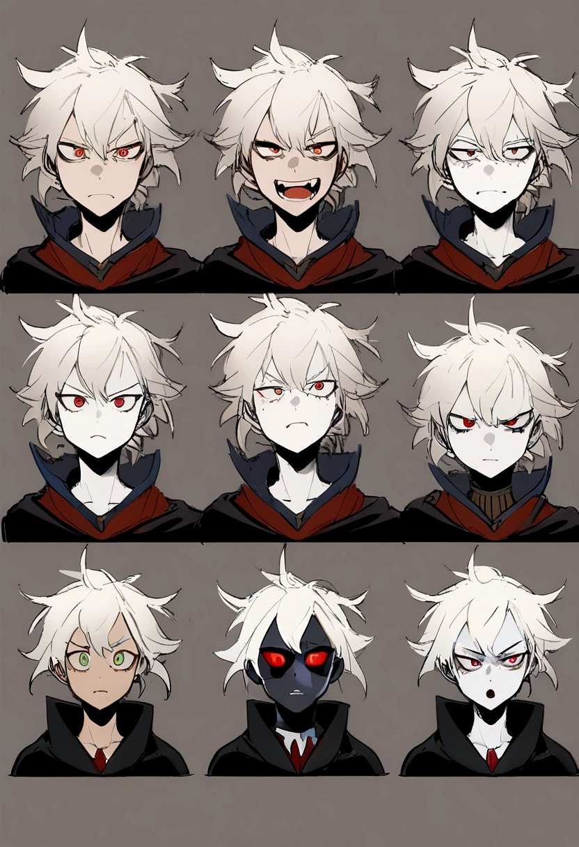 ((expression sheet)), (Simplified face portrait), (face photo) (sketch art), (masterpiece, side lights, Eye with detailed red vertical pupil: 1.2), shining eyes,japanese cartoon movies, alone, 1 man, boy, childish body, dissatisfied expression, boring, pale skin, short white hair, messy hair, (fantasy medieval clothes)), (black cloak), ((torn clothes)), black nails, sharp fangs, pointed nails, black super powers