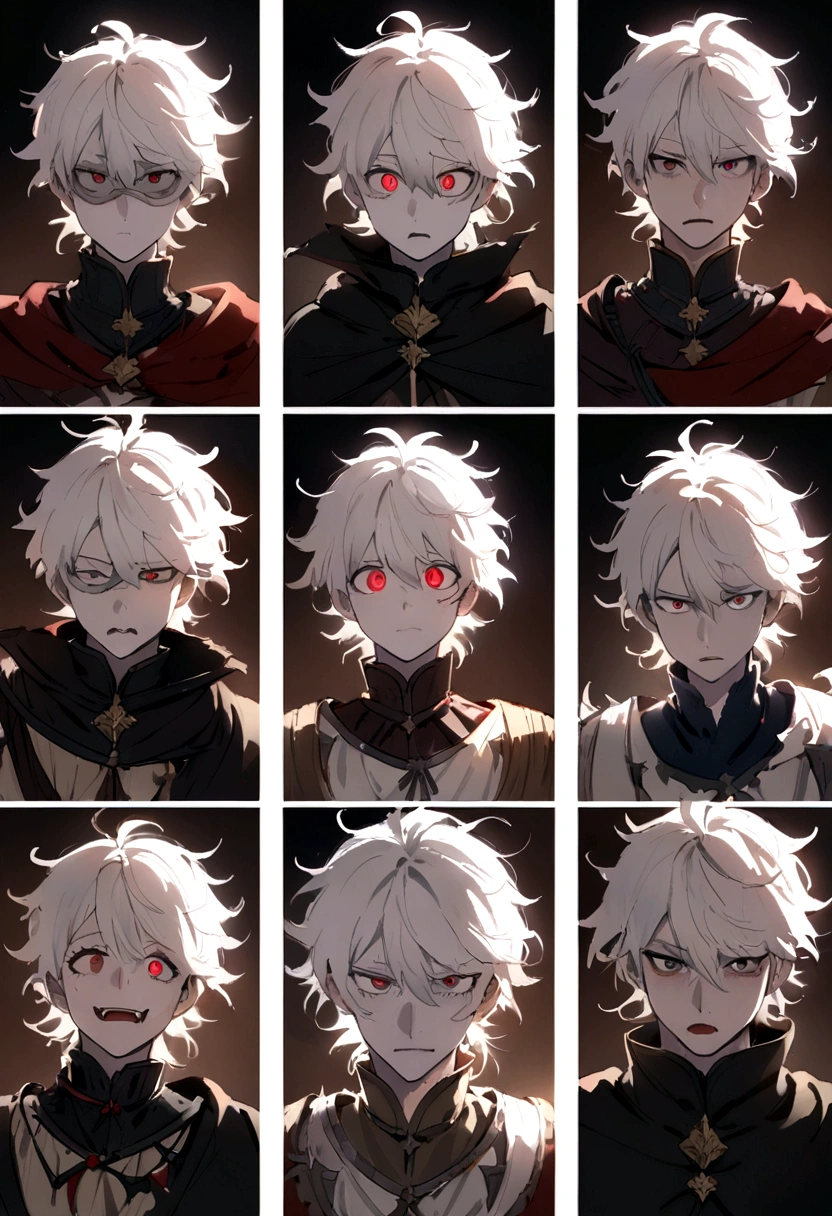 ((expression sheet)), (Simplified face portrait), (face photo) (sketch art), (masterpiece, side lights, Eye with detailed red vertical pupil: 1.2), shining eyes,japanese cartoon movies, alone, 1 man, boy, childish body, dissatisfied expression, boring, pale skin, short white hair, messy hair, (fantasy medieval clothes)), (black cloak), ((torn clothes)), black nails, sharp fangs, pointed nails, black super powers
