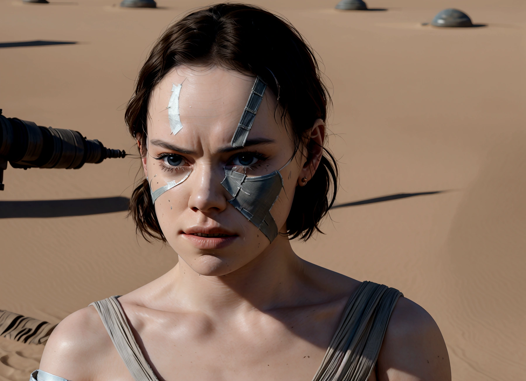 (Daisy Ridley as Star Wars Ray, patch over one eye, bloody beaten and battered, bandaging her wounds and crying, patch over one eye), desert world
