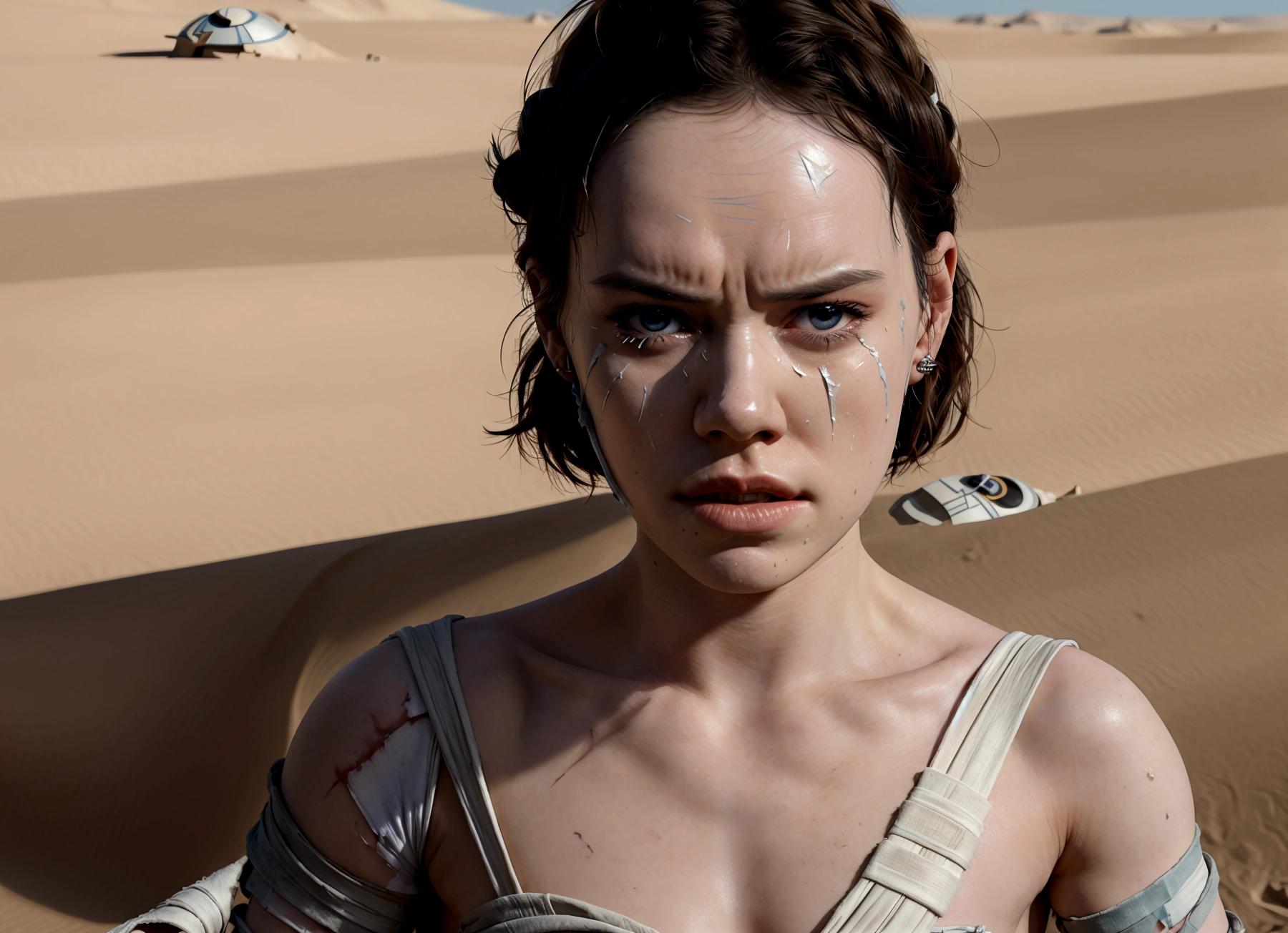 (Daisy Ridley as Star Wars Ray, patch over one eye, bloody beaten and battered, bandaging her wounds and crying, patch over one eye), desert world
