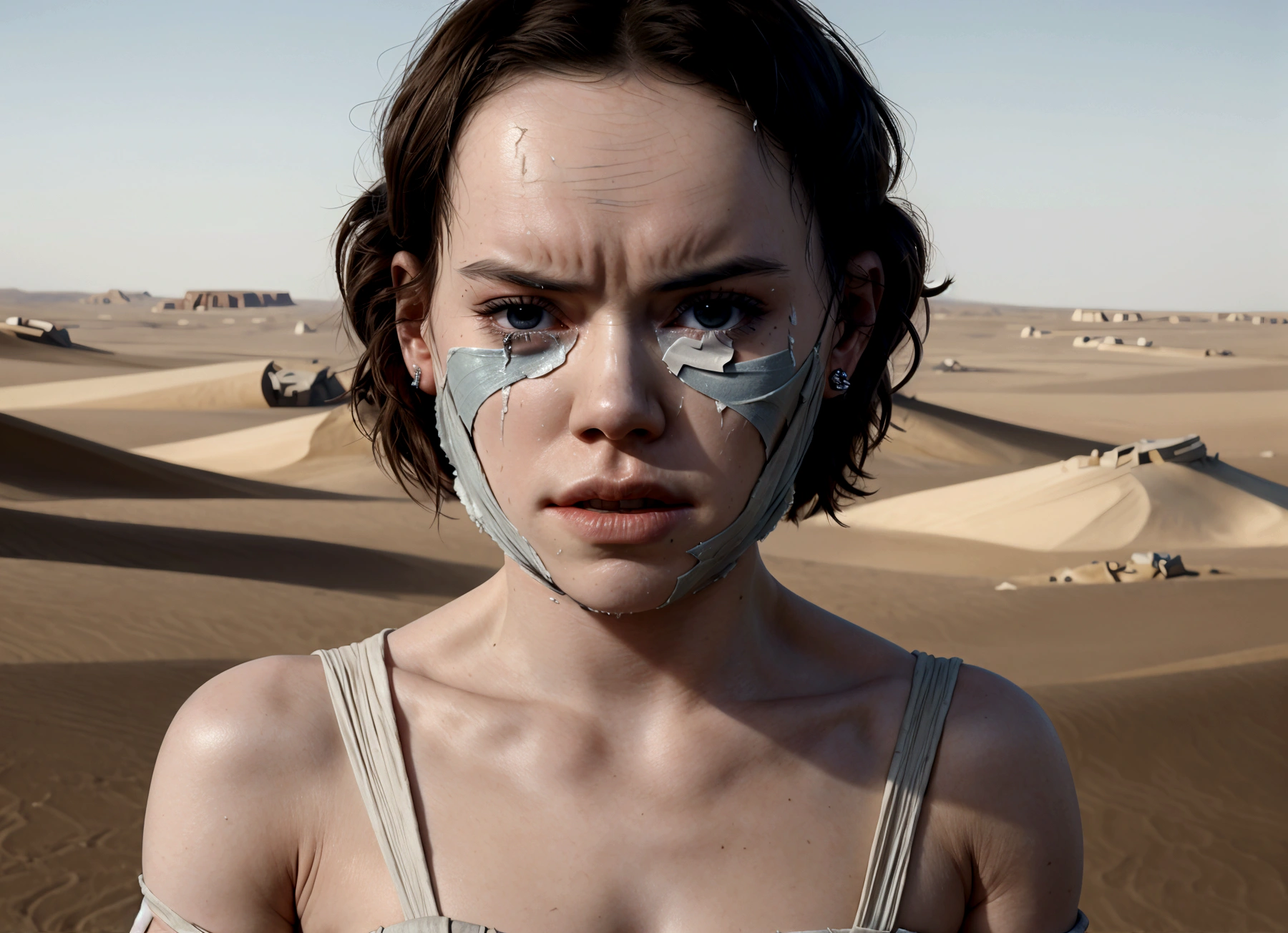 (Daisy Ridley as Star Wars Ray, patch over one eye, bloody beaten and battered, bandaging her wounds and crying, patch over one eye), desert world
