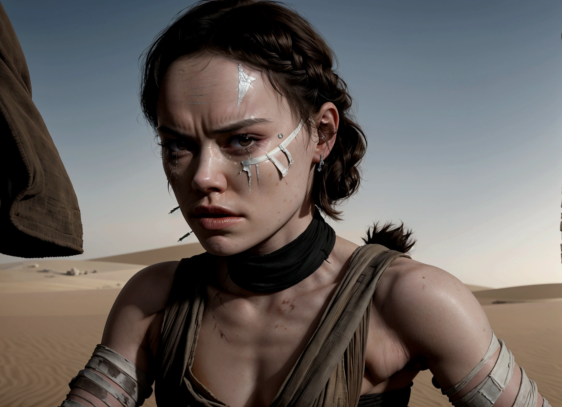 (Daisy Ridley as Star Wars Ray, patch over one eye, bloody beaten and battered, bandaging her wounds and crying, patch over one eye), desert world
