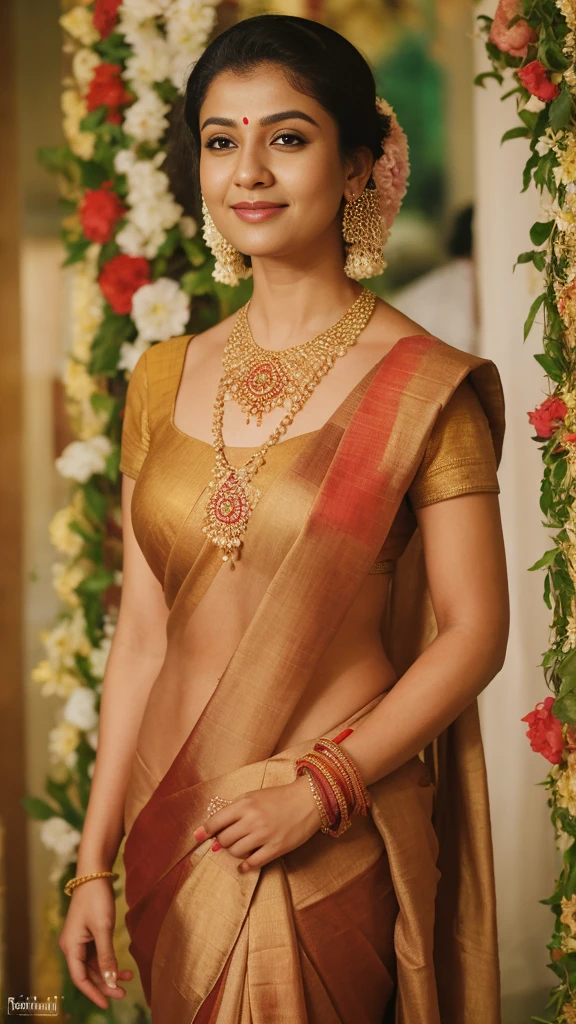 arafed woman in a sari and necklace with a flower garland, peredvishniki, inspired by T. K. Padmini, dressed in a sari, sf, indian goddess of wealth, sari, by T. K. Padmini, india, indian goddess, ritu kumar, hrd, by artist, a still of a happy, high level, official,
